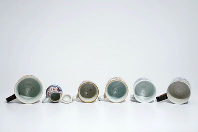 Five Chinese famille rose and blue and white mugs and a covered jug, mostly Qianlong