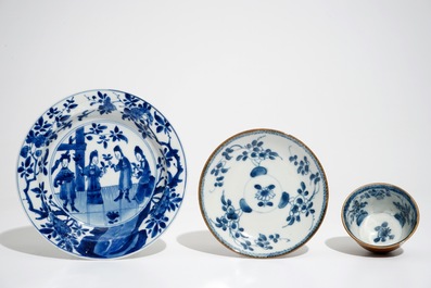 A Chinese blue and white teapot, an allegorical plate and a cup and saucer, Kangxi/Qianlong