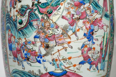A pair of very large Chinese famille rose vases with war scenes, 19th C.