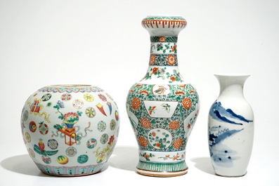 Three various Chinese famille rose, verte and blue and white vases, 19th C.