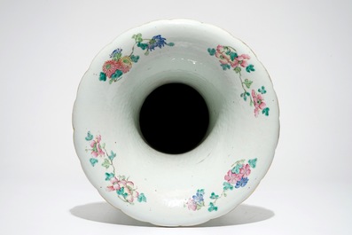 A very large Chinese famille rose vase with a peacock, 19th C.