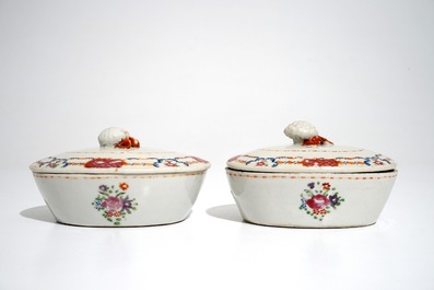A pair of Chinese famille rose covered tureens on stands, Qianlong