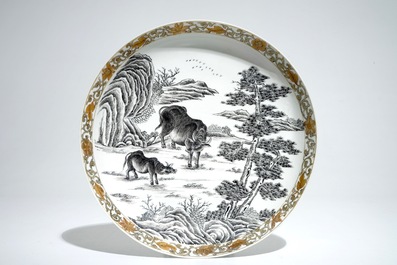 Een Chinese grisaille kom en bord met buffels, Yongzheng