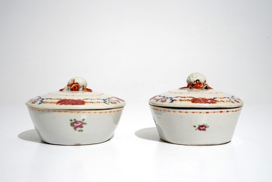 A pair of Chinese famille rose covered tureens on stands, Qianlong
