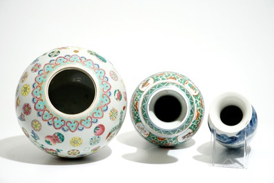 Three various Chinese famille rose, verte and blue and white vases, 19th C.