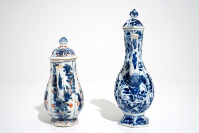 A Chinese blue and white covered jug and an Imari style covered jug, Kangxi
