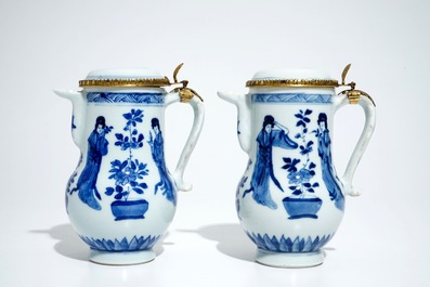 A pair of Chinese blue and white covered jugs with Long Eliza, Kangxi