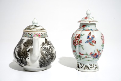A Chinese grisaille teapot and a famille rose tea caddy, Yongzheng