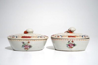A pair of Chinese famille rose covered tureens on stands, Qianlong