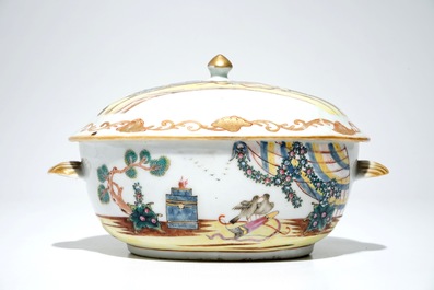 A Chinese famille rose Valentine dove pattern tureen and cover on stand, Qianlong