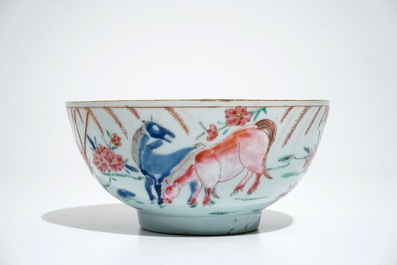 A Chinese famille rose bowl and plate with horse design, Yongzheng