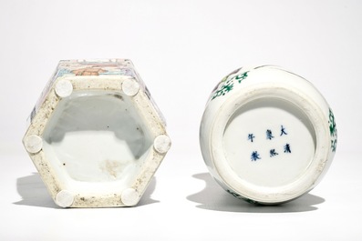 A Chinese hexagonal famille rose vase and an albarello-shaped famille verte vase, 19th C.