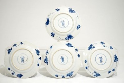 Four Chinese blue and white plates, a silver-mounted jug and a small covered jar, Kangxi