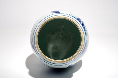 A Chinese blue and white olive-shaped vase with figures, Chongzhen, Transitional period
