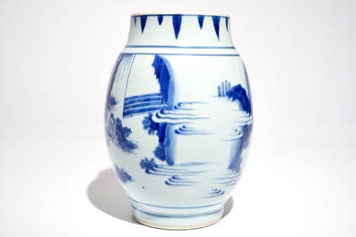 A Chinese blue and white olive-shaped vase with figures, Chongzhen, Transitional period