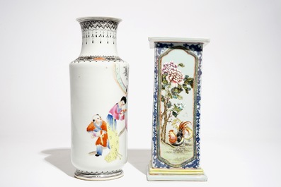 Two Chinese famille rose vases with birds and figures, 20th C.