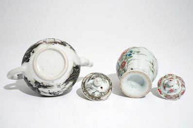 A Chinese grisaille teapot and a famille rose tea caddy, Yongzheng