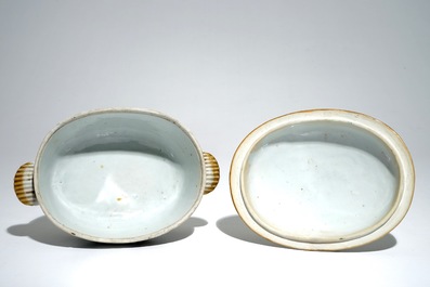 A Chinese famille rose Valentine dove pattern tureen and cover on stand, Qianlong