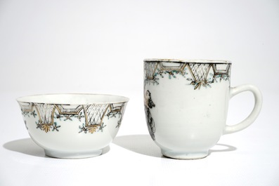 Two Chinese grisaille mythological subject "Venus and Cupid" cups and saucer, Qianlong