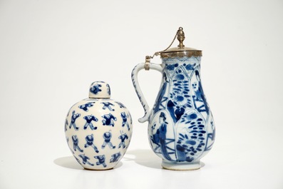 Four Chinese blue and white plates, a silver-mounted jug and a small covered jar, Kangxi