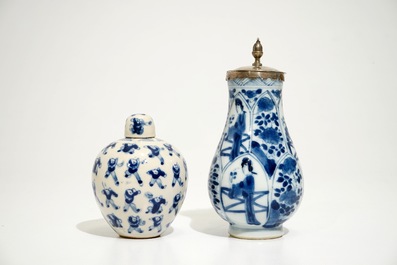 Four Chinese blue and white plates, a silver-mounted jug and a small covered jar, Kangxi