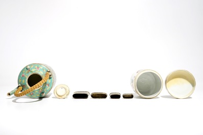 A Chinese famille rose box and cover, a large teapot and two engraved metal boxes, 19/20th C.