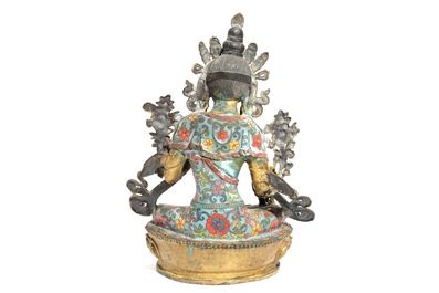 A large Chinese gilt bronze and cloisonn&eacute; figure of Green Tara, 19th C.