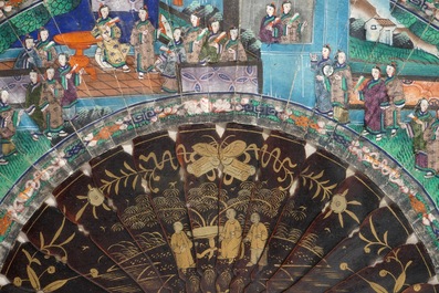 A framed Chinese gilt lacquer and painted paper fan, Canton, 19th C.