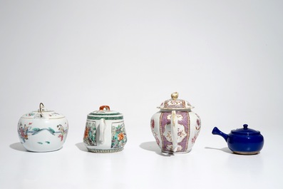 Four various Chinese famille rose, verte and monochrome teapots, 18th and 20th C.