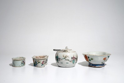 A Chinese famille rose teapot, two cricket boxes and a lobed bowl, 19th C.