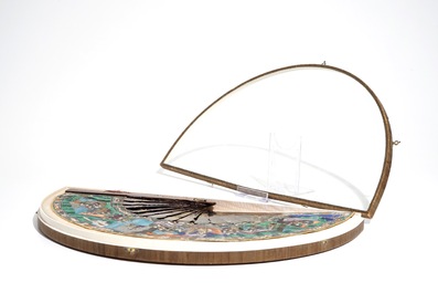 A framed Chinese gilt lacquer and painted paper fan, Canton, 19th C.