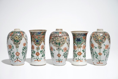 A Chinese famille verte five-piece garniture, Kangxi
