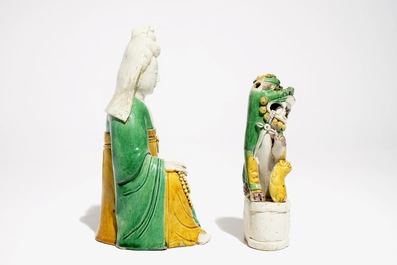 A Chinese verte biscuit Guanyin and a Buddist lion joss stick holder, Kangxi