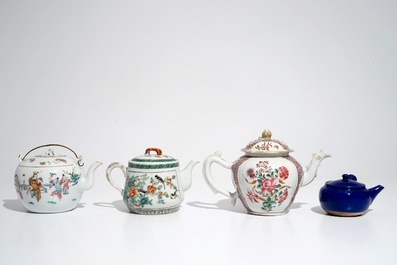 Four various Chinese famille rose, verte and monochrome teapots, 18th and 20th C.