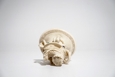 A Chinese encrusted ivory vase on wooden stand, early 20th C.