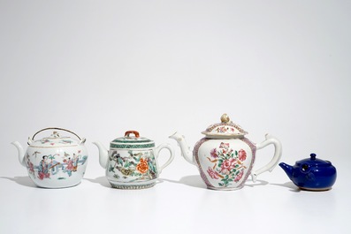 Four various Chinese famille rose, verte and monochrome teapots, 18th and 20th C.