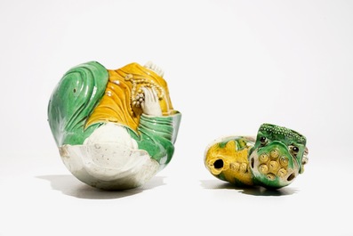 A Chinese verte biscuit Guanyin and a Buddist lion joss stick holder, Kangxi