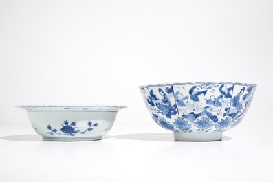 A Chinese blue and white bowl with figures, Kangxi, and a klapmuts crane bowl, probably Wanli