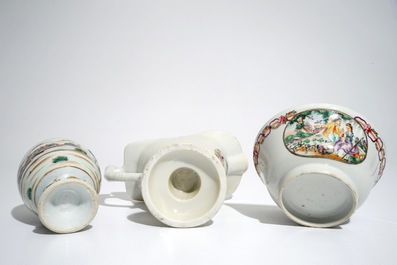 A Chinese famille rose European subject ewer, a bowl and a tea caddy, Qianlong