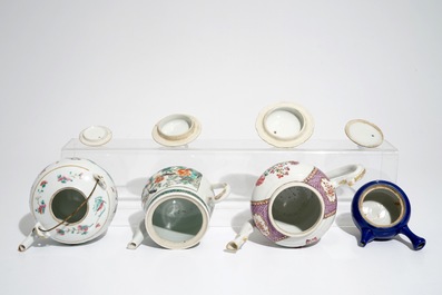 Four various Chinese famille rose, verte and monochrome teapots, 18th and 20th C.