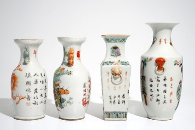 Four Chinese qianjiang cai and famille rose vases, 19th C.