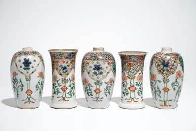 A Chinese famille verte five-piece garniture, Kangxi