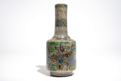 A Chinese famille verte crackle ware bottle vase, 19th C.