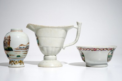A Chinese famille rose European subject ewer, a bowl and a tea caddy, Qianlong