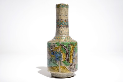A Chinese famille verte crackle ware bottle vase, 19th C.