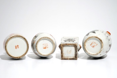 Four Chinese qianjiang cai and famille rose vases, 19th C.