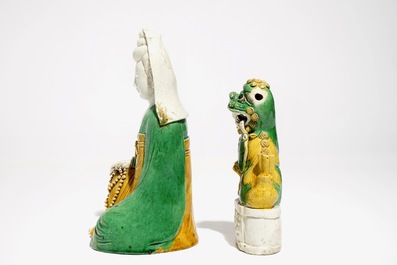 A Chinese verte biscuit Guanyin and a Buddist lion joss stick holder, Kangxi