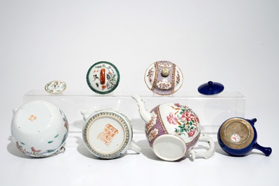 Four various Chinese famille rose, verte and monochrome teapots, 18th and 20th C.