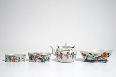 A Chinese famille rose teapot, two cricket boxes and a lobed bowl, 19th C.