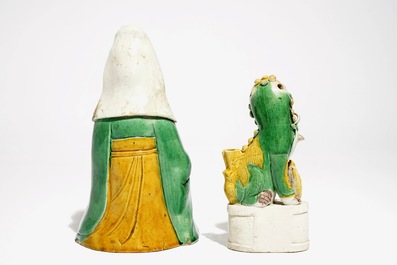A Chinese verte biscuit Guanyin and a Buddist lion joss stick holder, Kangxi